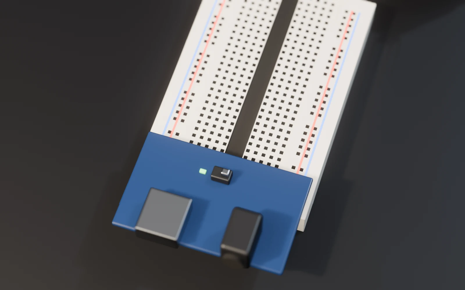 Top view of the MB102 on the breadboard with the + and − rails lit